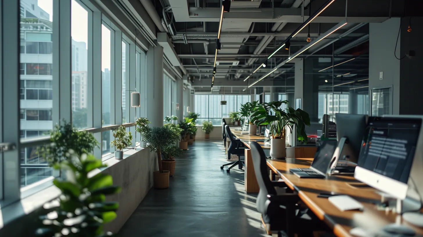 Modern office workspace with wooden desks and several chairs, computers on desks, and potted plants along the window and on the tables.