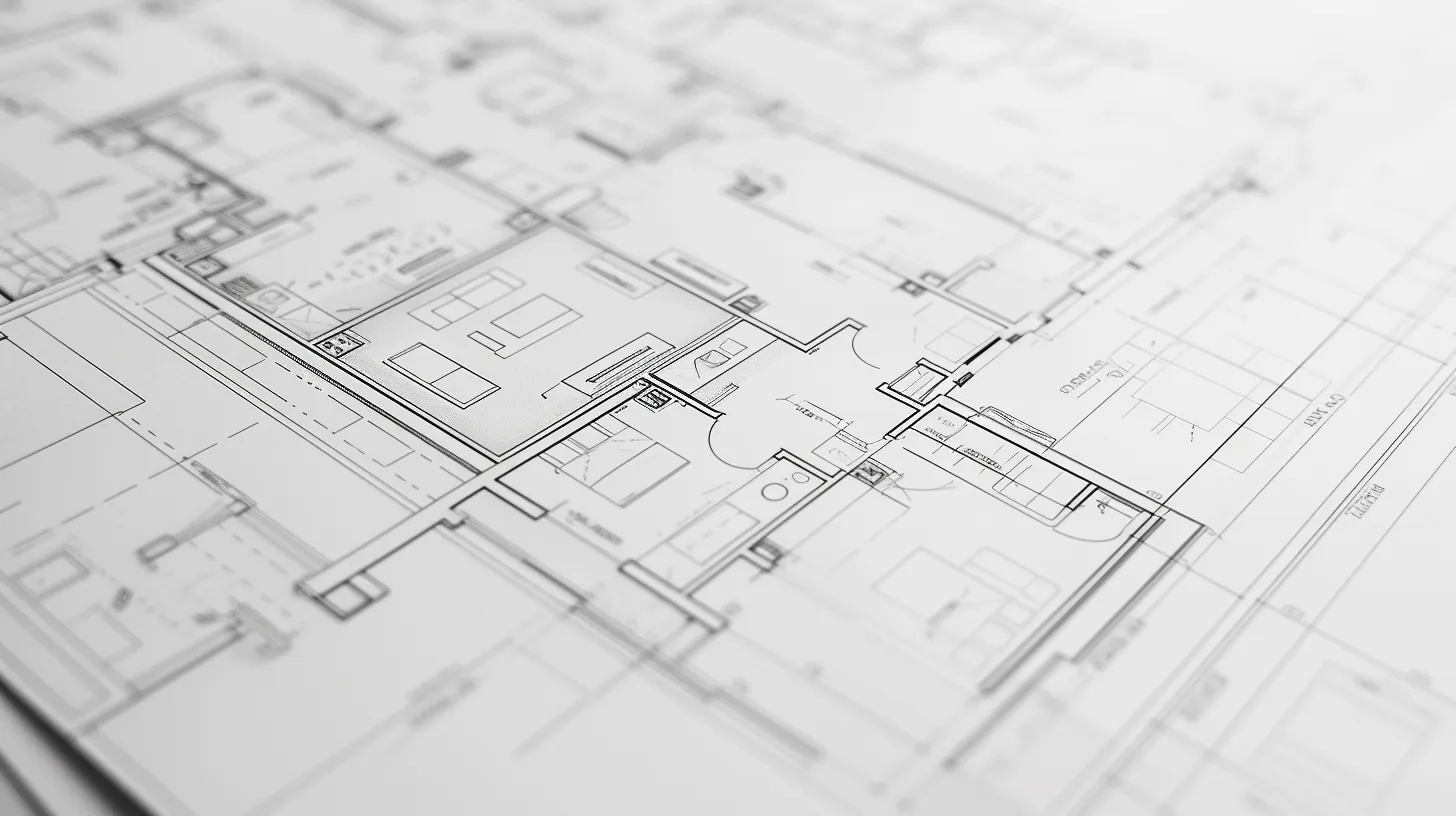Close-up view of a detailed test-fit floor plan with rooms, furniture layouts, and measurements.