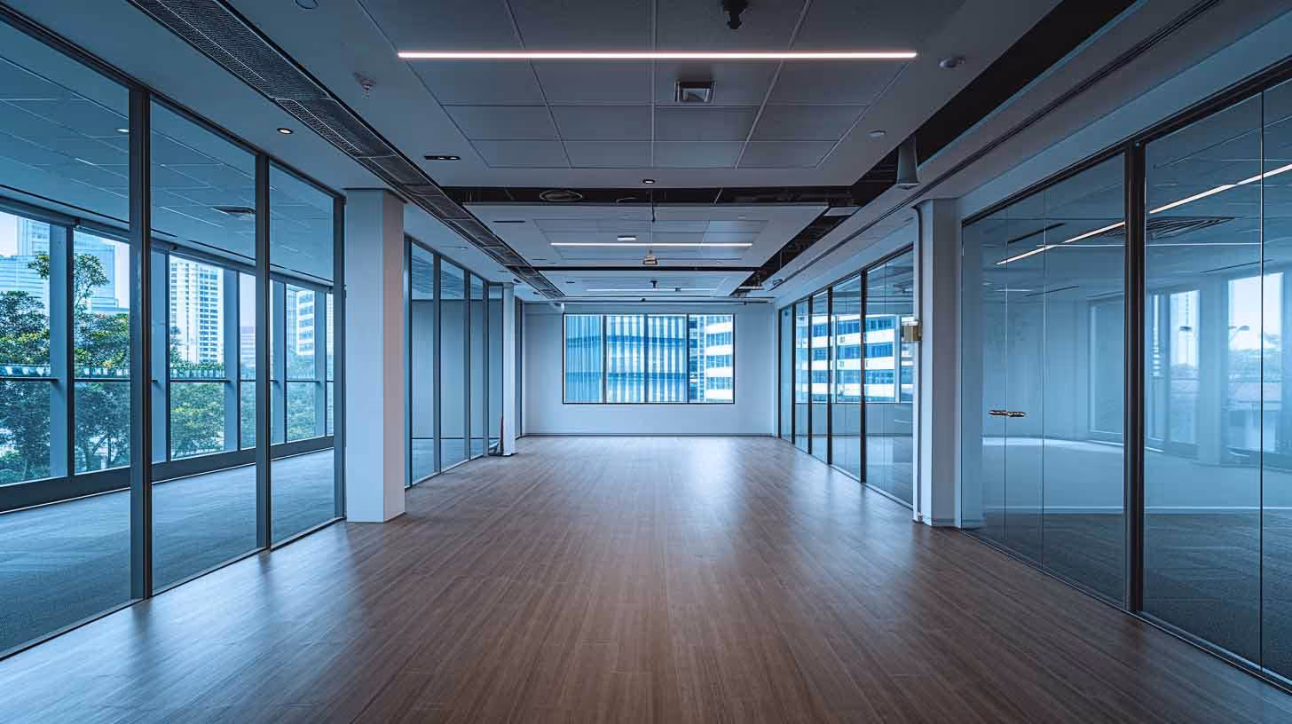 Empty modern office space with wooden floors, glass walls, and large windows - RightSpace.com